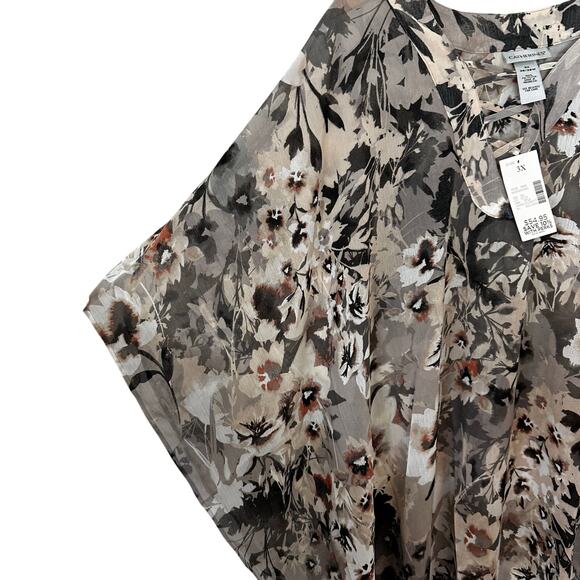 Catherines Blouse Womens 3X Beige Neutral Floral Sheer Boho Cape Sleeve Pullover - Picture 6 of 8